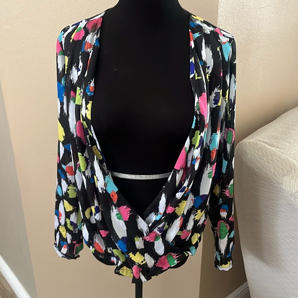 LIZ CLAIBORNE Multi-Colored Long Sleeve Open Front Wrap Blouse size M - Picture 3 of 5